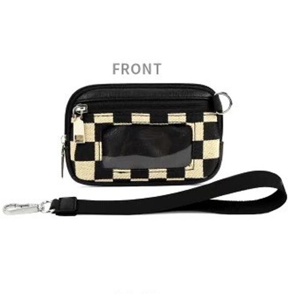 Checkered Vegan Leather ID Wallet Canvas Wristlet Black - Picture 2 of 4